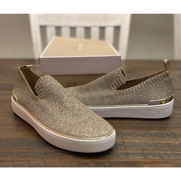 Michael Kors Juno Knit Slip On Sneaker Sparkle Gold Fashion Metallic 8M (NWB) - Picture 1 of 12
